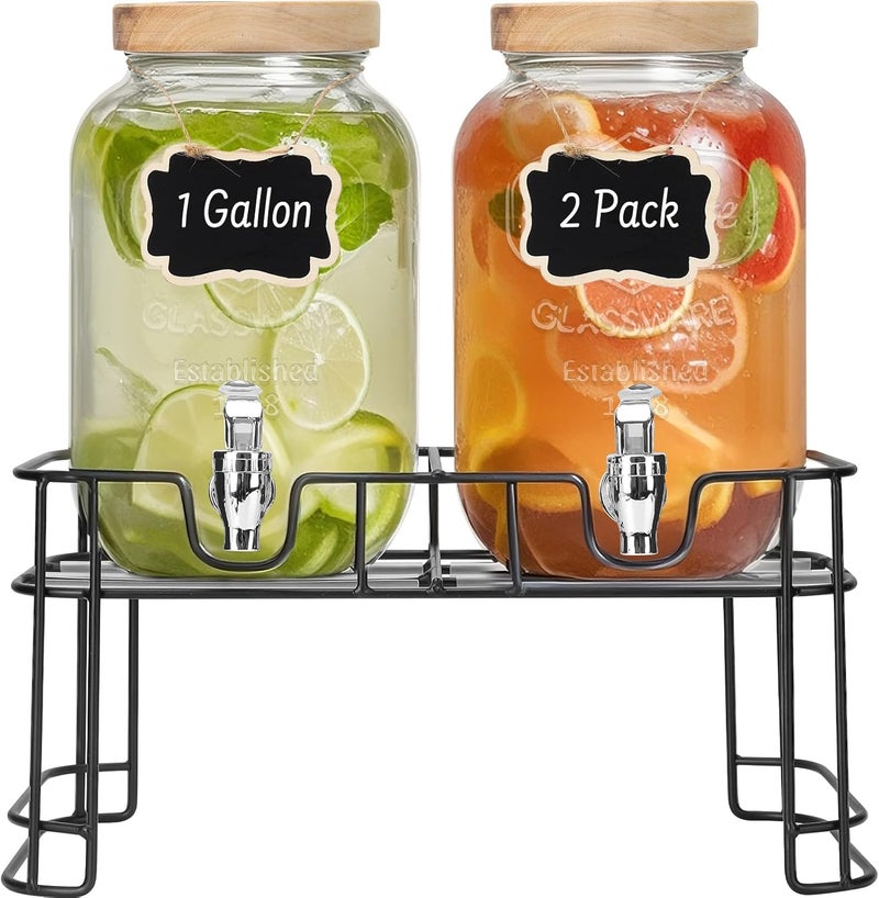 DHSBTLS 1 Gallon Glass Drink Dispensers, 2 Pack Clear Beverage Dispenser with Wood Lid for Party, BBQ and Picnic, Juice Dispenser with Black Stand, Spigot, Markers and Chalkboard - Image 1